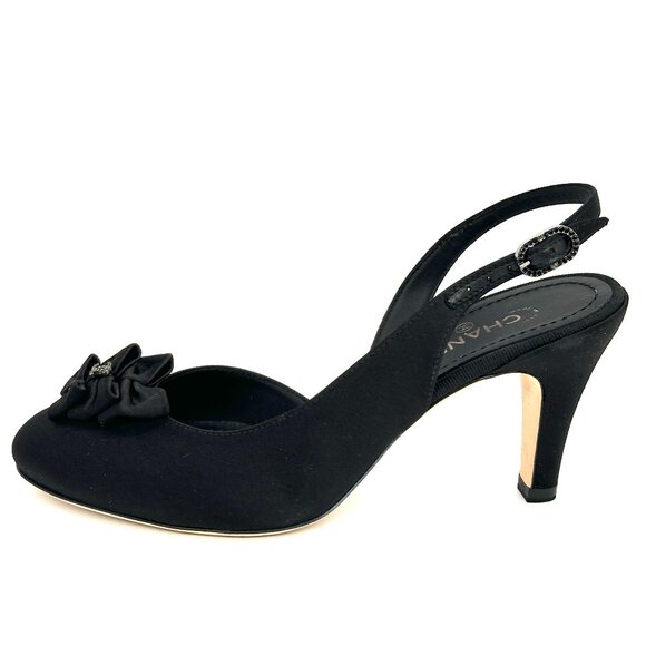 CHANEL 13P Black Satin Crystal Jewel CC Bow Slingback Sandals Heels Shoes